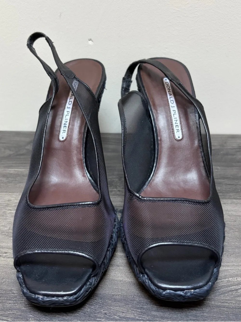 Donald Pliner Black Mesh Raffia Slingback Wedge Heel Sandals Leather Spain Sz 9
